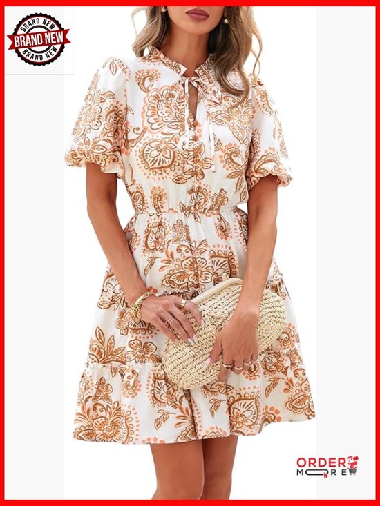 Dresses & Skirts - V Neck Floral Boho Mini Dress Short Sleeve Tiered Ruffle A-Line Summer
